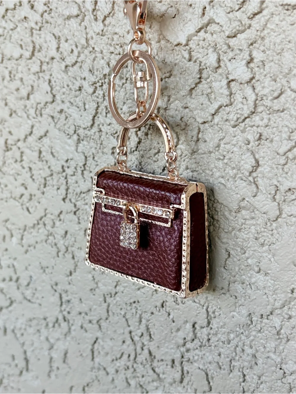 Mini Handbag Keychain Charm - Brown Faux Leather with Rhinestone Lock
